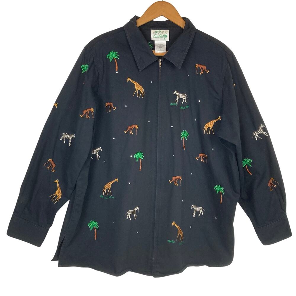 The Quacker Factory Zip Front Top Womens 1X Black Safari Animals Embroidery Gems